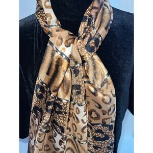 Leopard Scarf Womens One Size OS Satin Chiffon Animal Print Metallic Subtle Gold